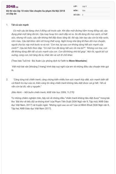 Đề thi vào lớp 10 môn Văn chuyên Sư phạm Hà Nội 2018 có đáp án