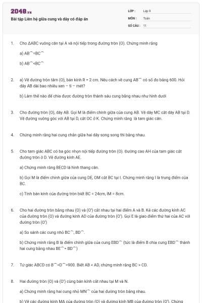 Bài tập Liên hệ giữa cung và dây có đáp án