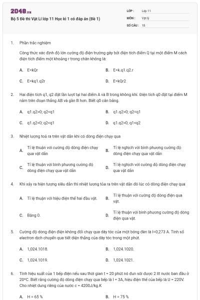 Bộ 5 Đề thi Vật Lí lớp 11 Học kì 1 có đáp án (Đề 1)