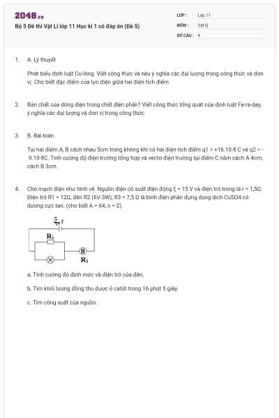 Bộ 5 Đề thi Vật Lí lớp 11 Học kì 1 có đáp án (Đề 5)