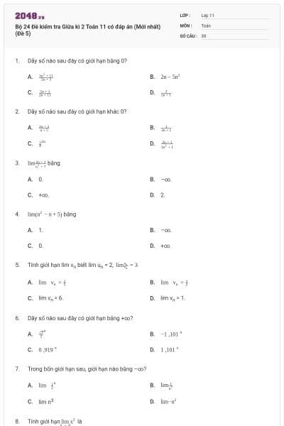 Bộ 24 Đề kiểm tra Giữa kì 2 Toán 11 có đáp án (Mới nhất) (Đề 5)