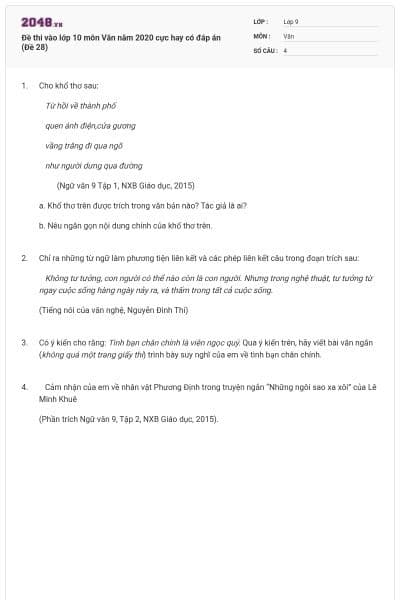 Đề thi vào lớp 10 môn Văn năm 2020 cực hay có đáp án (Đề 28)
