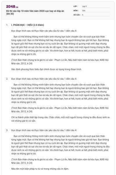 Đề thi vào lớp 10 môn Văn năm 2020 cực hay có đáp án (Đề 30)