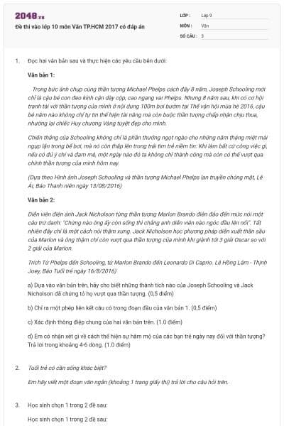 Đề thi vào lớp 10 môn Văn TP.HCM 2017 có đáp án