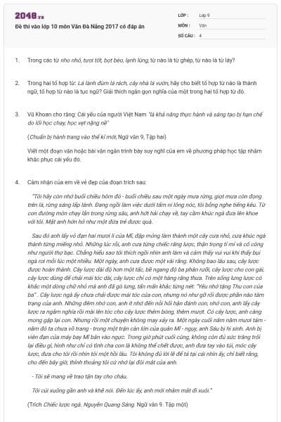 Đề thi vào lớp 10 môn Văn Đà Nẵng 2017 có đáp án