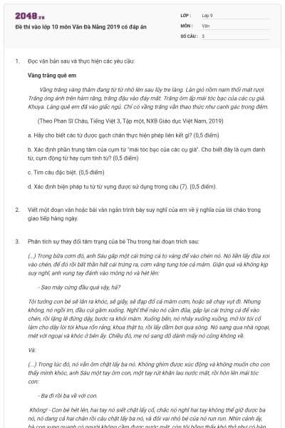 Đề thi vào lớp 10 môn Văn Đà Nẵng 2019 có đáp án