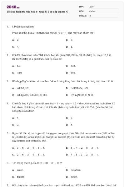 Bộ 5 Đề kiểm tra Hóa học 11 Giữa kì 2 có đáp án (Đề 4)