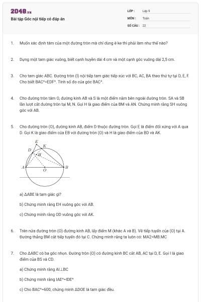 Bài tập Góc nội tiếp có đáp án