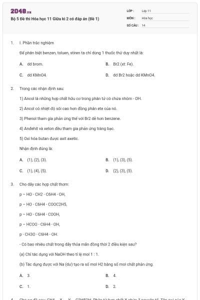 Bộ 5 Đề thi Hóa học 11 Giữa kì 2 có đáp án (Đề 1)