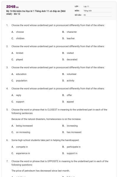 Bộ 14 Đề kiểm tra Học kì 1 Tiếng Anh 11 có đáp án (Mới nhất) - Đề 12