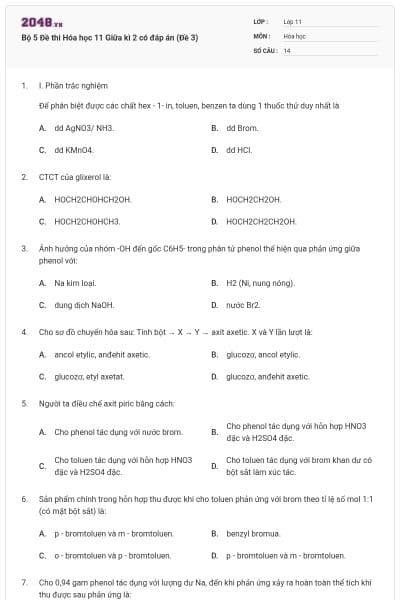 Bộ 5 Đề thi Hóa học 11 Giữa kì 2 có đáp án (Đề 3)
