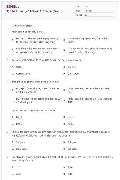 Bộ 5 Đề thi Hóa học 11 Giữa kì 2 có đáp án (Đề 4)
