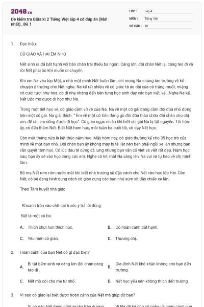 Đề kiểm tra Giữa kì 2 Tiếng Việt lớp 4 có đáp án (Mới nhất)_ Đề 1