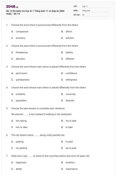 Bộ 14 Đề kiểm tra Học kì 1 Tiếng Anh 11 có đáp án (Mới nhất) - Đề 14