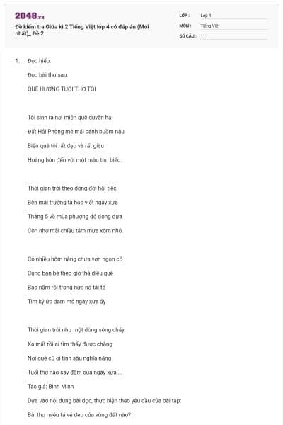 Đề kiểm tra Giữa kì 2 Tiếng Việt lớp 4 có đáp án (Mới nhất)_ Đề 2