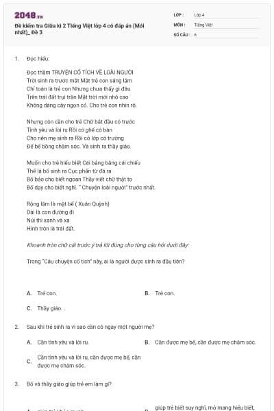 Đề kiểm tra Giữa kì 2 Tiếng Việt lớp 4 có đáp án (Mới nhất)_ Đề 3