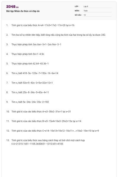 Bài tập Nhân đa thức có đáp án