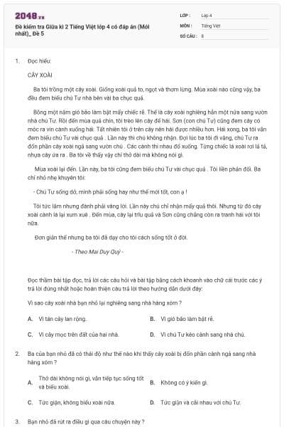 Đề kiểm tra Giữa kì 2 Tiếng Việt lớp 4 có đáp án (Mới nhất)_ Đề 5