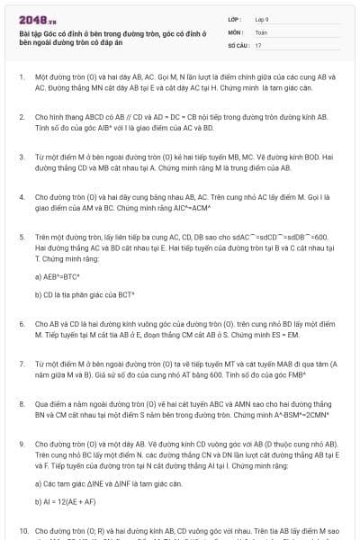 Bài tập Góc có đỉnh ở bên trong đường tròn, góc có đỉnh ở bên ngoài đường tròn có đáp án