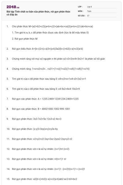 Bài tập Tính chất cơ bản của phân thức, rút gọn phân thức có đáp án