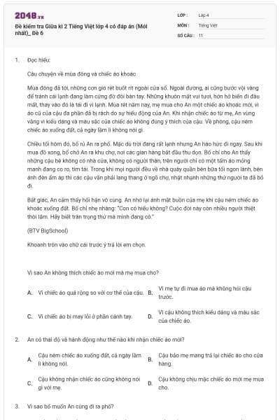 Đề kiểm tra Giữa kì 2 Tiếng Việt lớp 4 có đáp án (Mới nhất)_ Đề 6