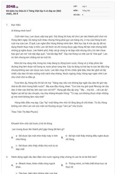 Đề kiểm tra Giữa kì 2 Tiếng Việt lớp 4 có đáp án (Mới nhất)_ Đề 8
