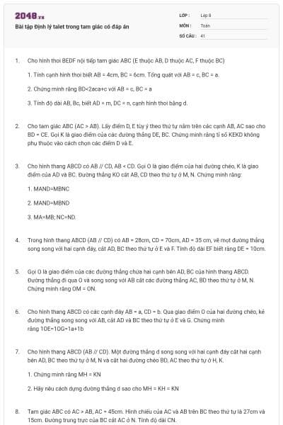 Bài tập Định lý talet trong tam giác có đáp án