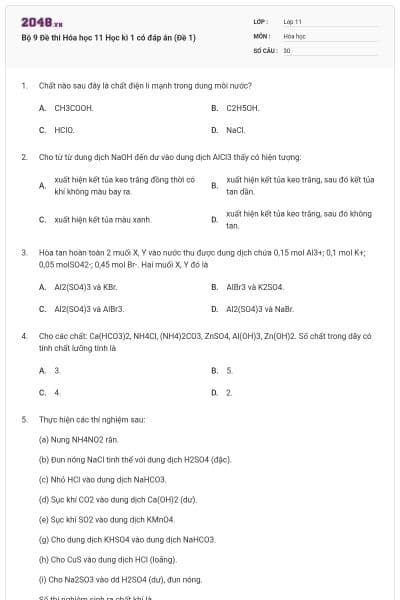Bộ 9 Đề thi Hóa học 11 Học kì 1 có đáp án (Đề 1)