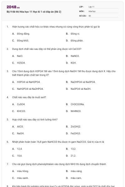 Bộ 9 Đề thi Hóa học 11 Học kì 1 có đáp án (Đề 2)