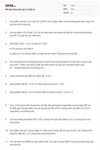 Bài tập Cung chứa góc có đáp án