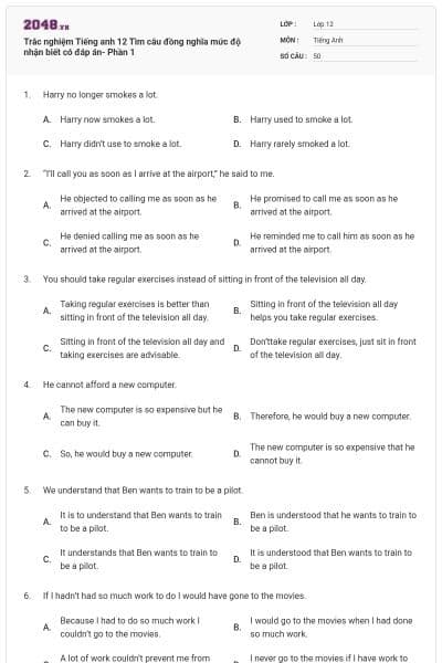 Trắc nghiệm Tiếng anh 12 Tìm câu đồng nghĩa mức độ nhận biết có đáp án- Phần 1