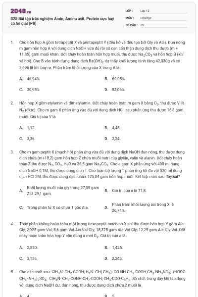 325 Bài tập trắc nghiệm Amin, Amino axit, Protein cực hay có lời giải (P8)