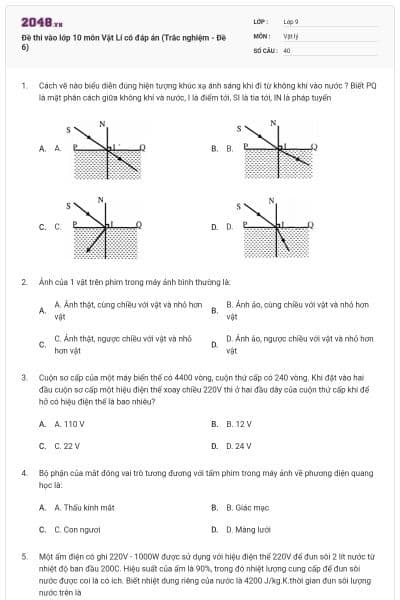 Đề thi vào lớp 10 môn Vật Lí có đáp án (Trắc nghiệm - Đề 6)