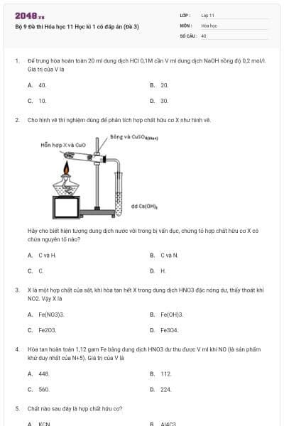 Bộ 9 Đề thi Hóa học 11 Học kì 1 có đáp án (Đề 3)
