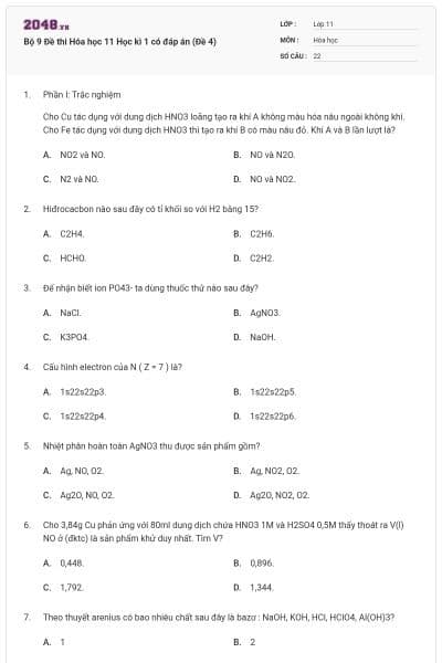 Bộ 9 Đề thi Hóa học 11 Học kì 1 có đáp án (Đề 4)