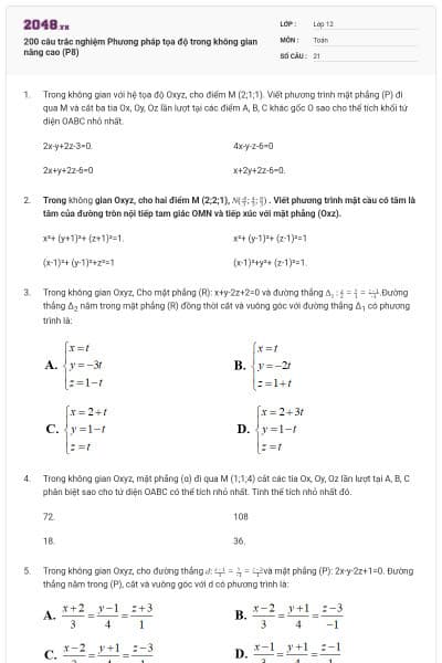 200 câu trắc nghiệm Phương pháp tọa độ trong không gian nâng cao (P8)