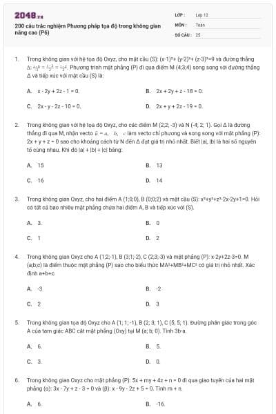 200 câu trắc nghiệm Phương pháp tọa độ trong không gian nâng cao (P6)