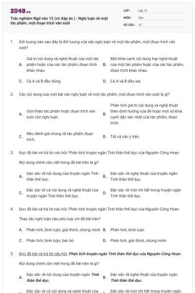 Trắc nghiệm Ngữ văn 12 (có đáp án ) : Nghị luận về một tác phẩm, một đoạn trích văn xuôi