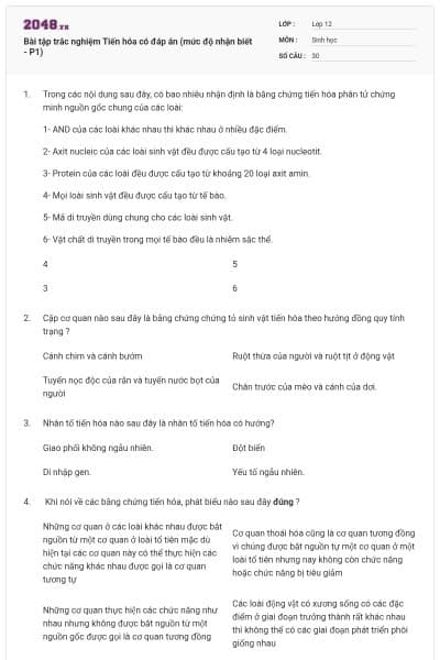 Bài tập trắc nghiệm Tiến hóa có đáp án (mức độ nhận biết - P1)