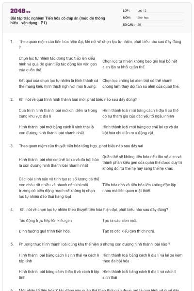 Bài tập trắc nghiệm Tiến hóa có đáp án (mức độ thông hiểu - vận dụng - P1)
