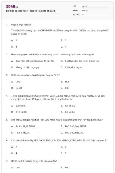 Bộ 9 Đề thi Hóa học 11 Học kì 1 có đáp án (Đề 5)