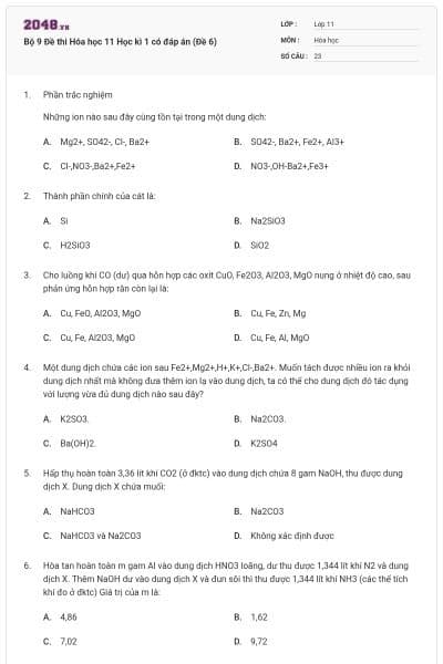 Bộ 9 Đề thi Hóa học 11 Học kì 1 có đáp án (Đề 6)