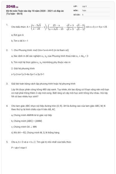 Đề thi môn Toán vào lớp 10 năm 2020 - 2021 có đáp án (Tự luận - Đề 8)