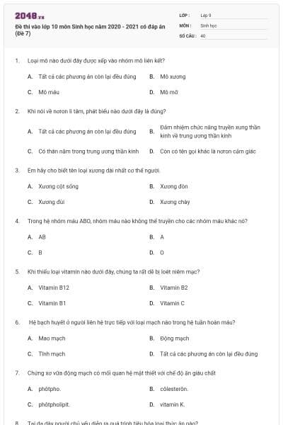 Đề thi vào lớp 10 môn Sinh học năm 2020 - 2021 có đáp án (Đề 7)