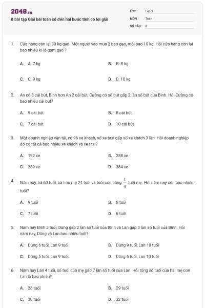 8 bài tập Giải bài toán có đến hai bước tính có lời giải