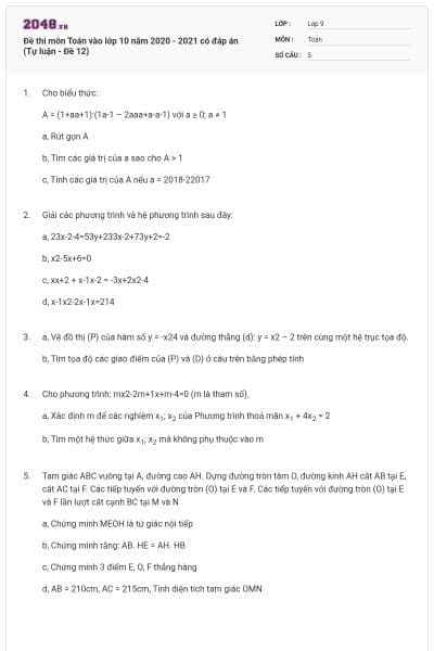 Đề thi môn Toán vào lớp 10 năm 2020 - 2021 có đáp án (Tự luận - Đề 12)