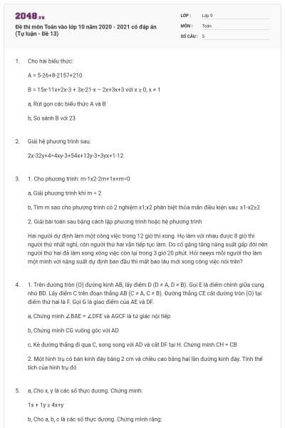Đề thi môn Toán vào lớp 10 năm 2020 - 2021 có đáp án (Tự luận - Đề 13)
