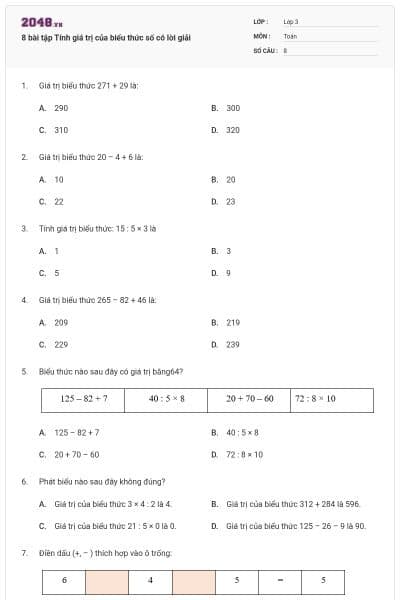8 bài tập Tính giá trị của biểu thức số có lời giải