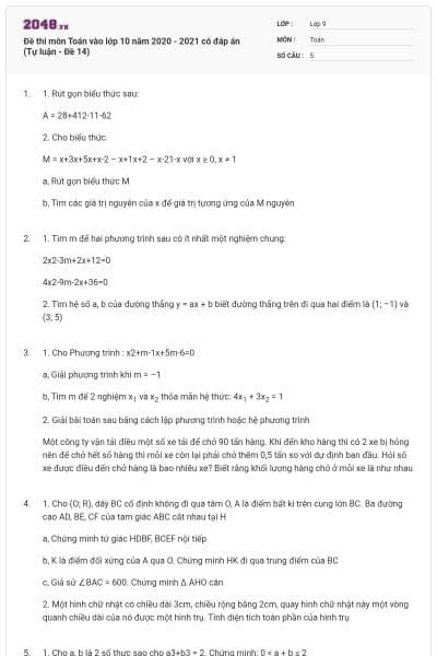 Đề thi môn Toán vào lớp 10 năm 2020 - 2021 có đáp án (Tự luận - Đề 14)