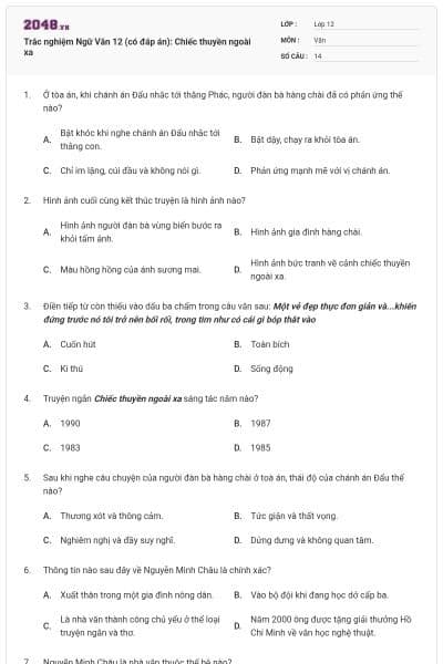 Trắc nghiệm Ngữ Văn 12 (có đáp án): Chiếc thuyền ngoài xa